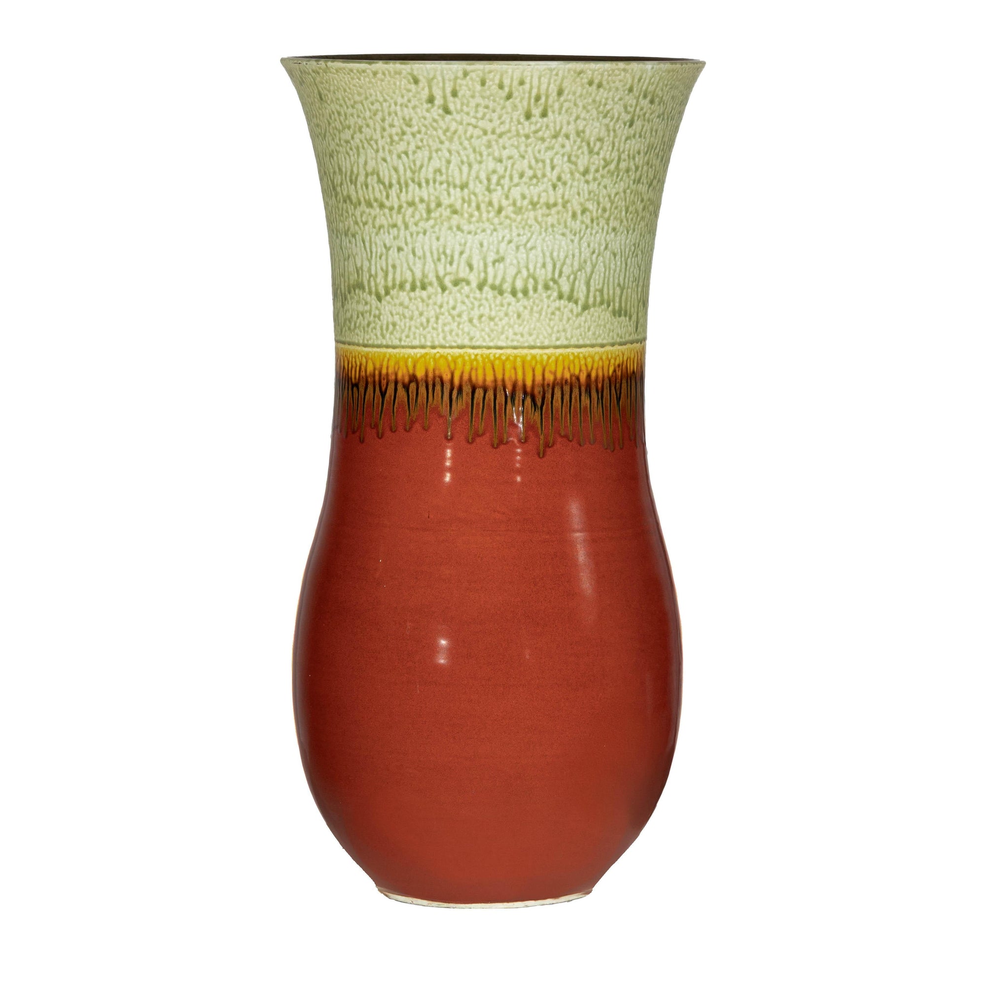 Tall Artisan Hand-Crafted Ceramic Vase with Green Drip Glaze over Red Base