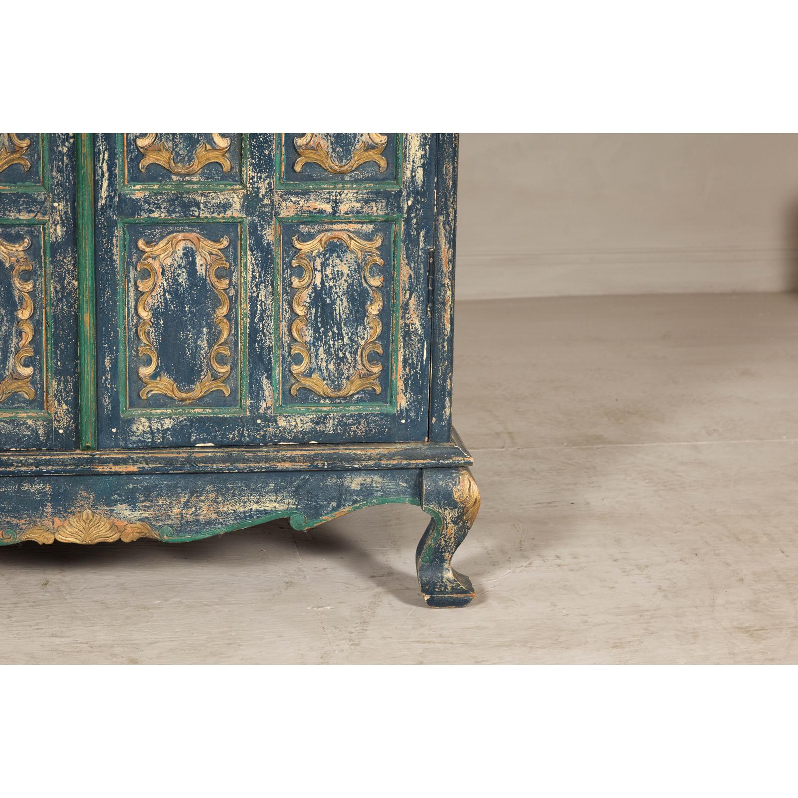 Cabinet in Blue Patina with Carved Doors and Cabriole Legs