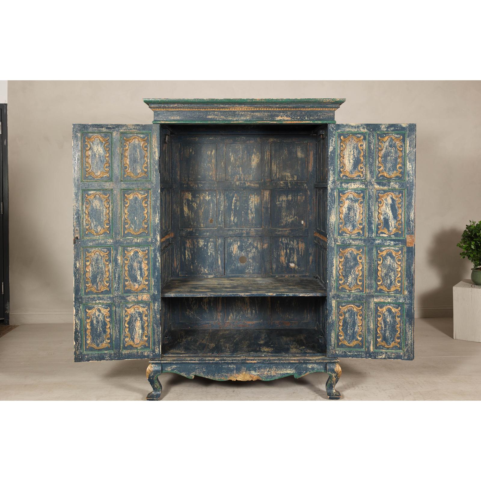 Cabinet in Blue Patina with Carved Doors and Cabriole Legs