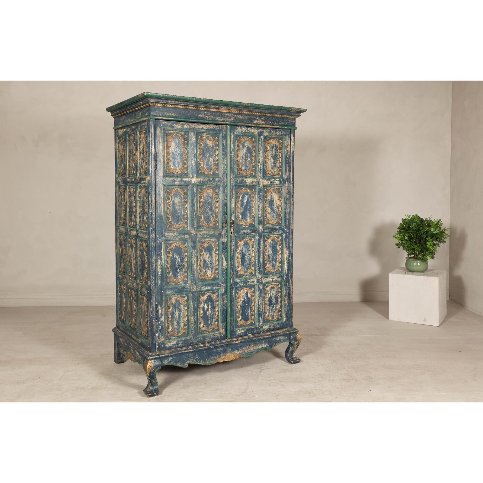 Cabinet in Blue Patina with Carved Doors and Cabriole Legs