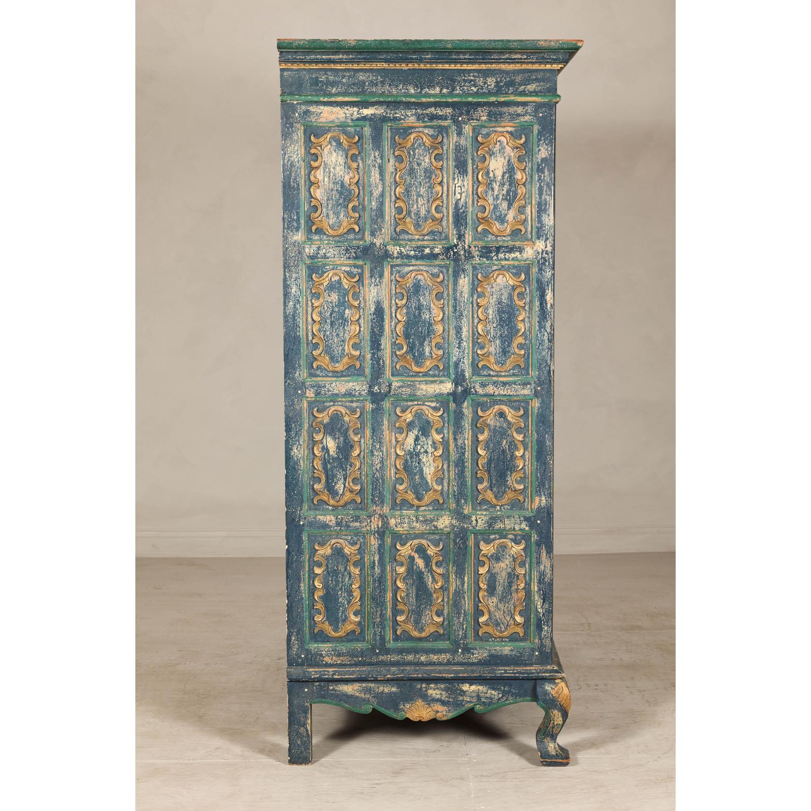 Cabinet in Blue Patina with Carved Doors and Cabriole Legs