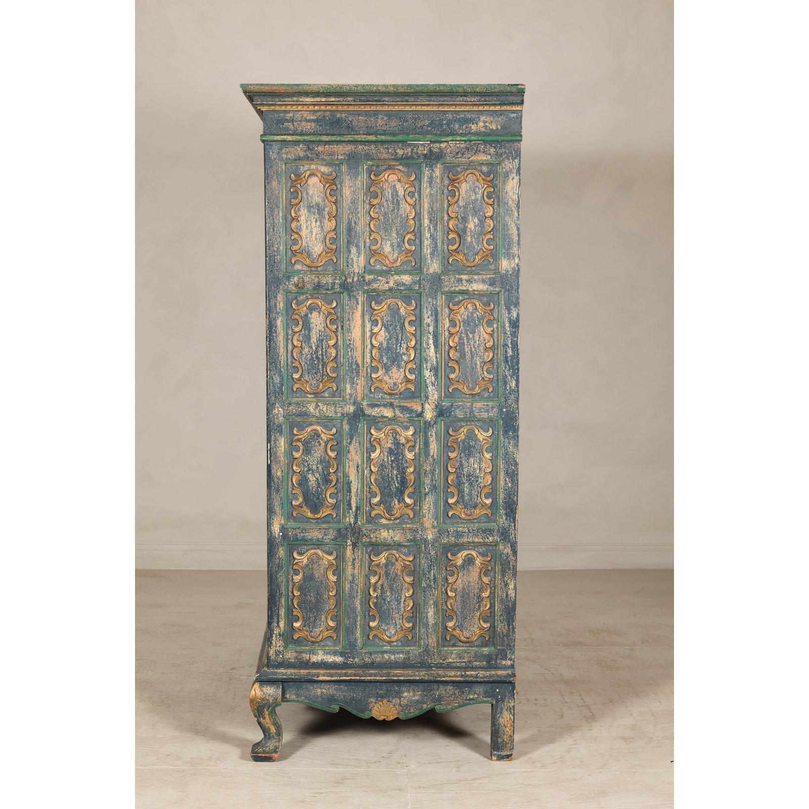 Cabinet in Blue Patina with Carved Doors and Cabriole Legs
