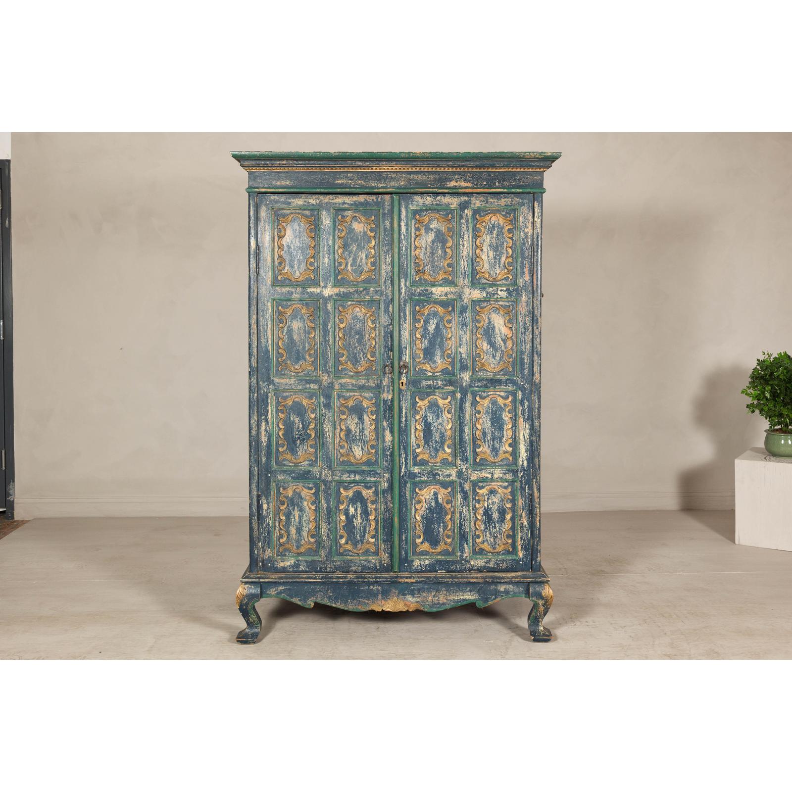 Cabinet in Blue Patina with Carved Doors and Cabriole Legs
