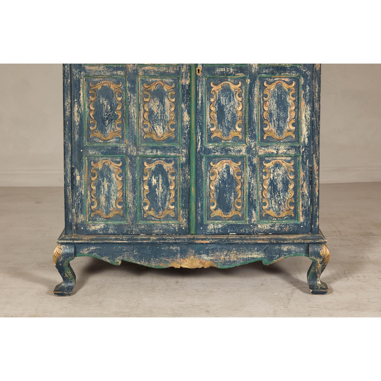 Cabinet in Blue Patina with Carved Doors and Cabriole Legs