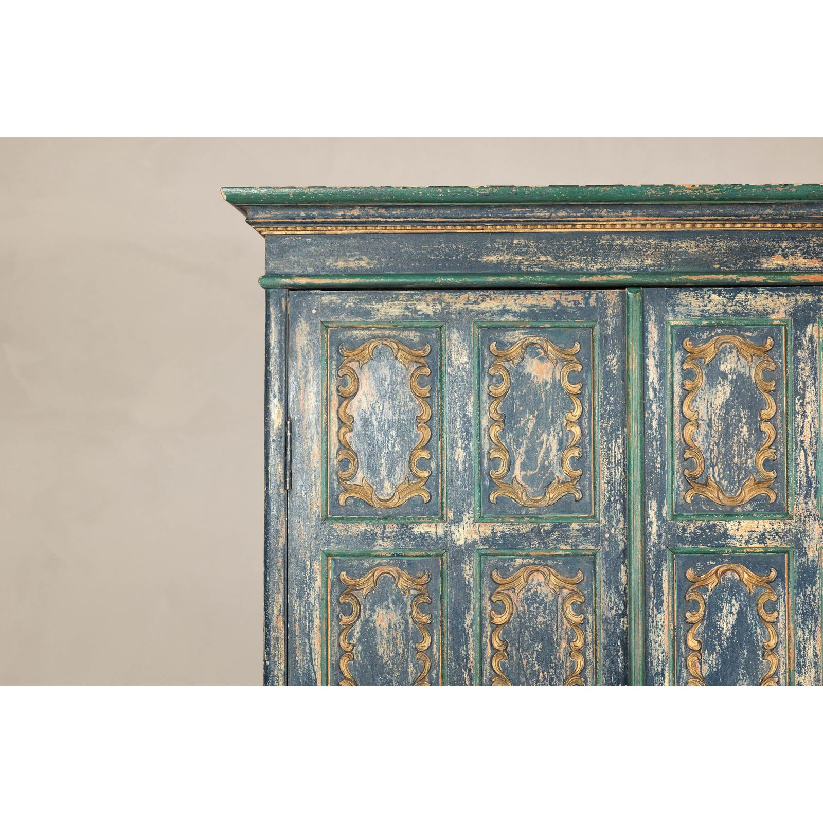 Cabinet in Blue Patina with Carved Doors and Cabriole Legs