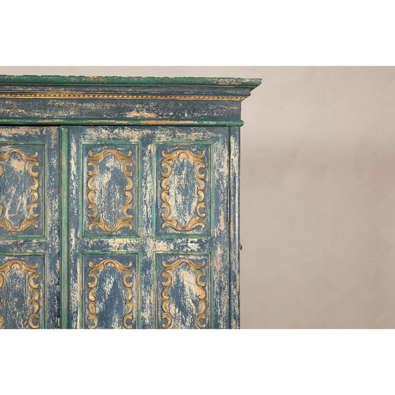 Cabinet in Blue Patina with Carved Doors and Cabriole Legs