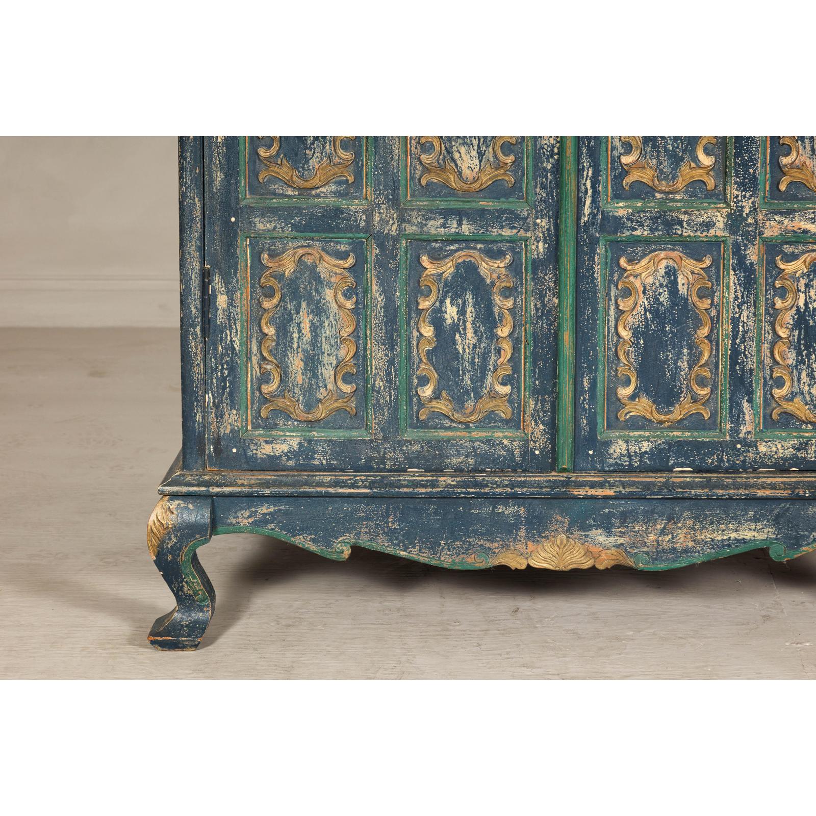 Cabinet in Blue Patina with Carved Doors and Cabriole Legs