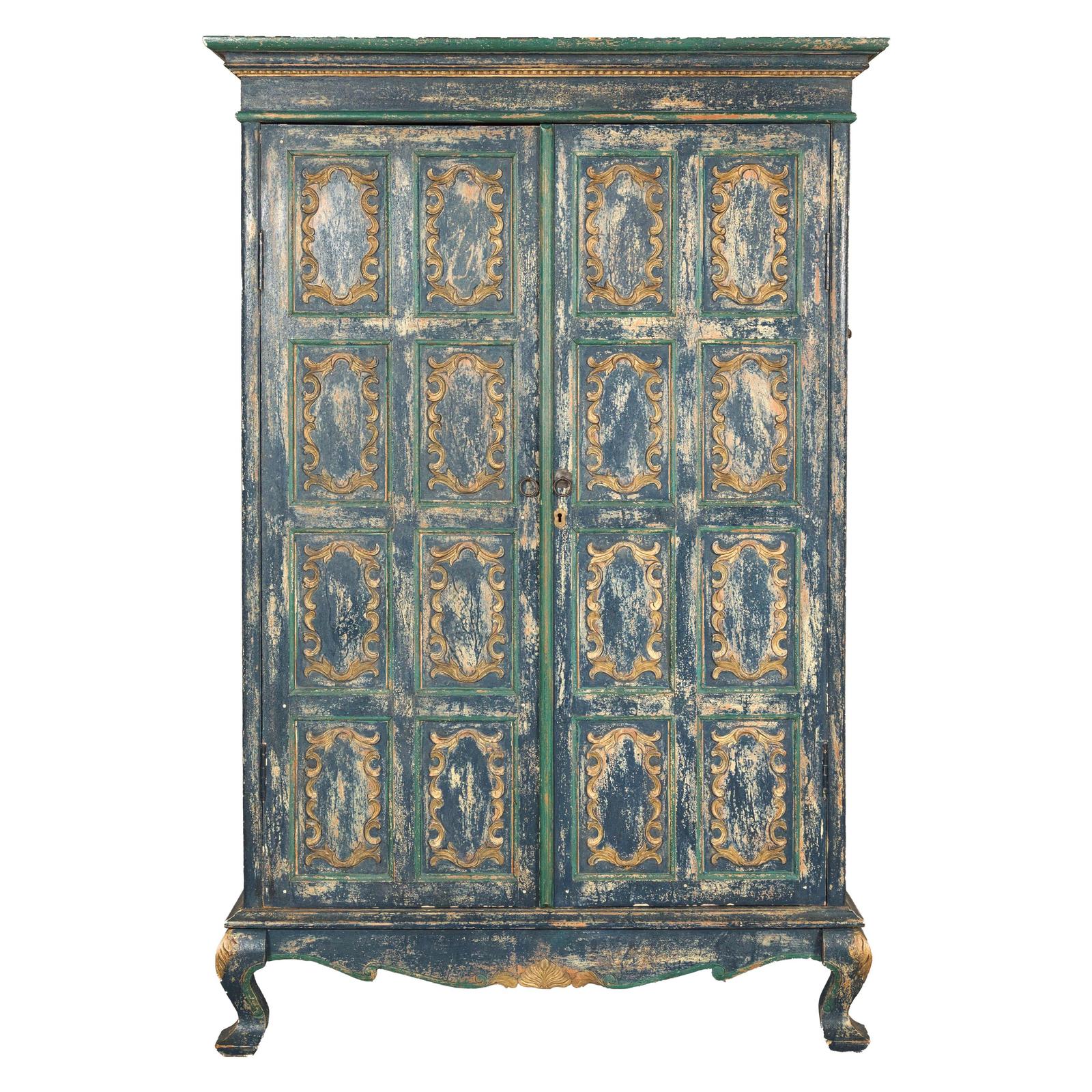 Cabinet in Blue Patina with Carved Doors and Cabriole Legs