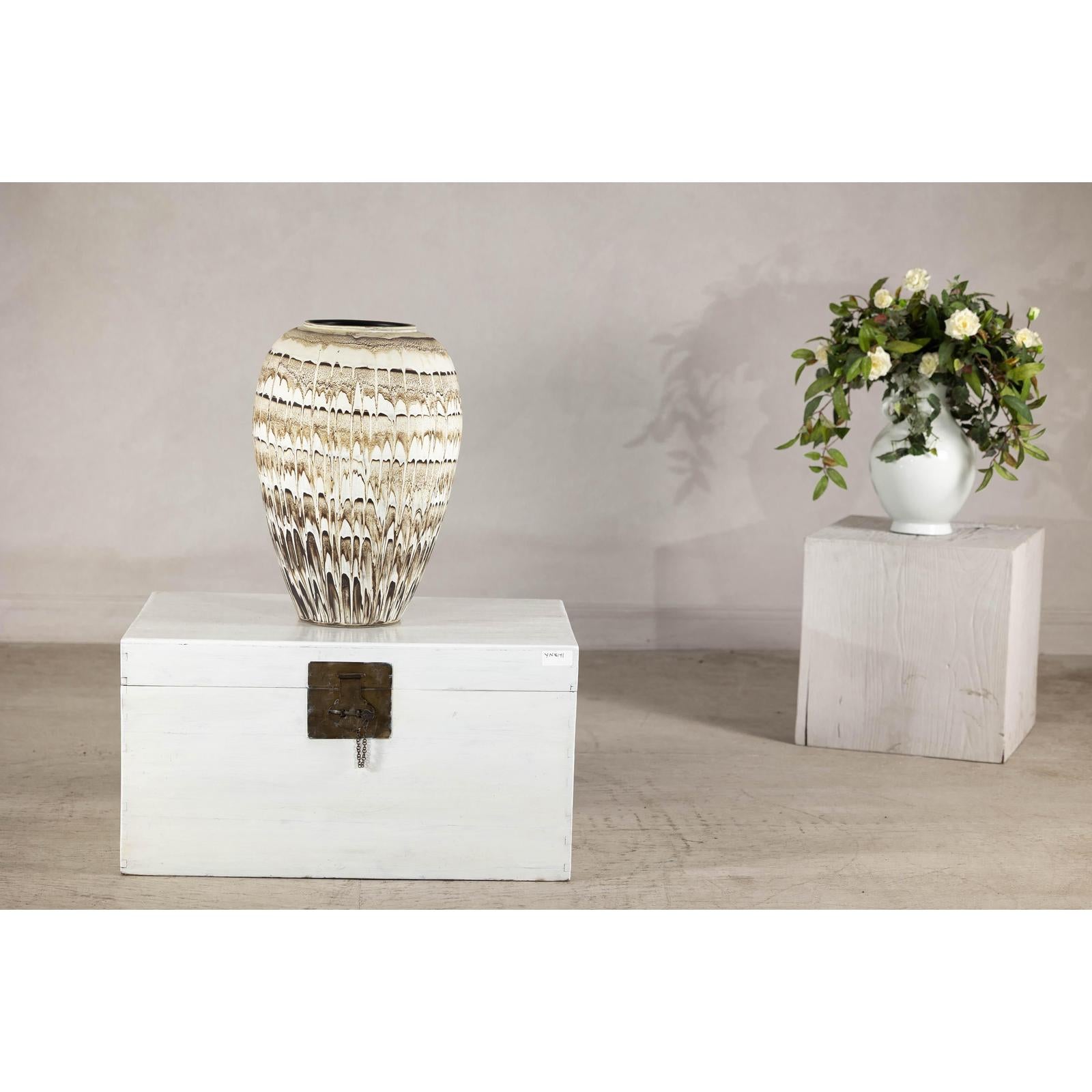 Large Swankhalok-Style Ceramic Planter with Dripped Glaze Pattern
