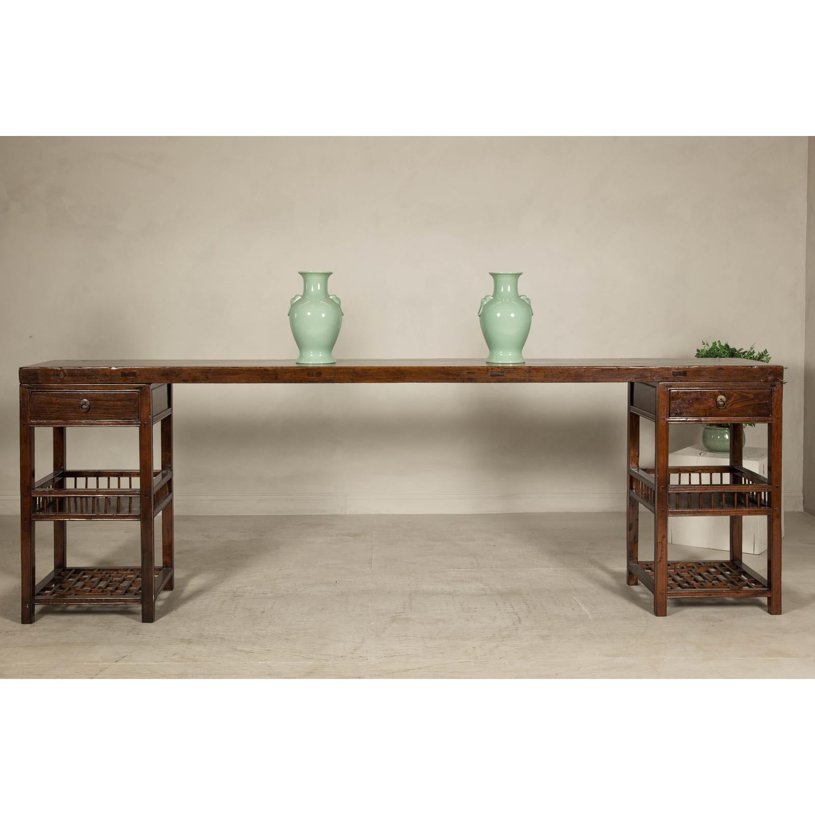 Oversized Console Table with Drawers, Fretwork Shelves and Removable Top