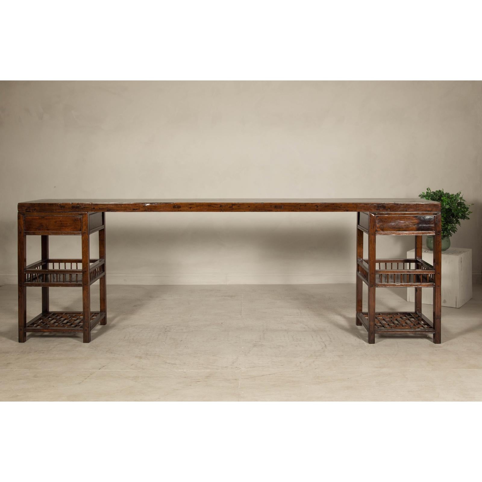 Oversized Console Table with Drawers, Fretwork Shelves and Removable Top