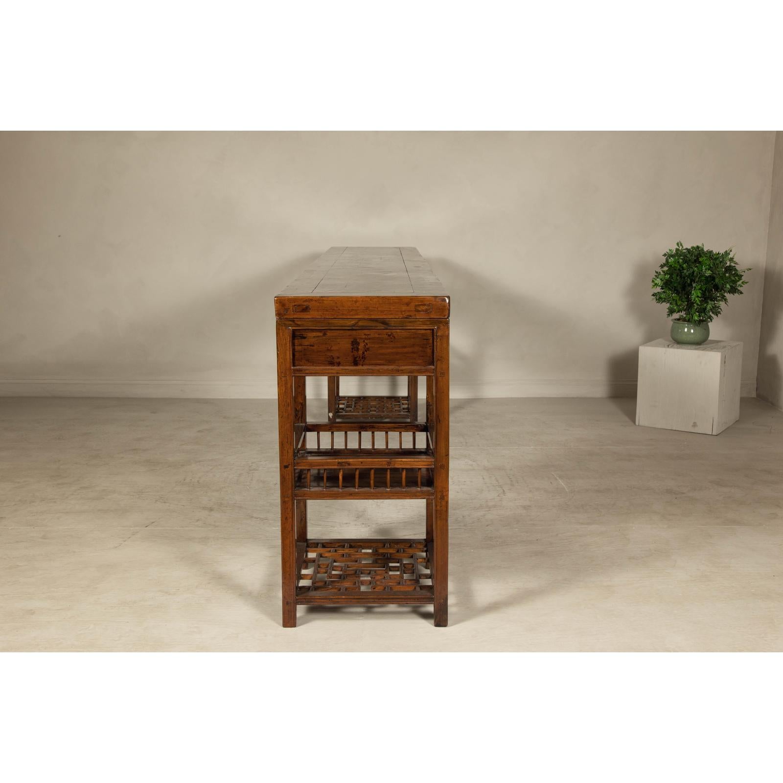 Oversized Console Table with Drawers, Fretwork Shelves and Removable Top