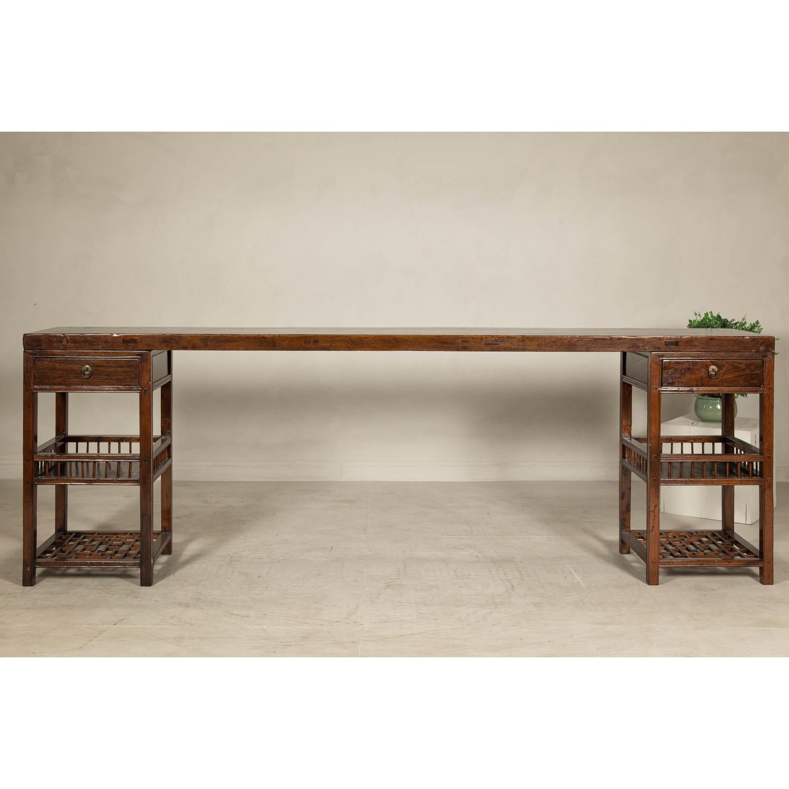 Oversized Console Table with Drawers, Fretwork Shelves and Removable Top