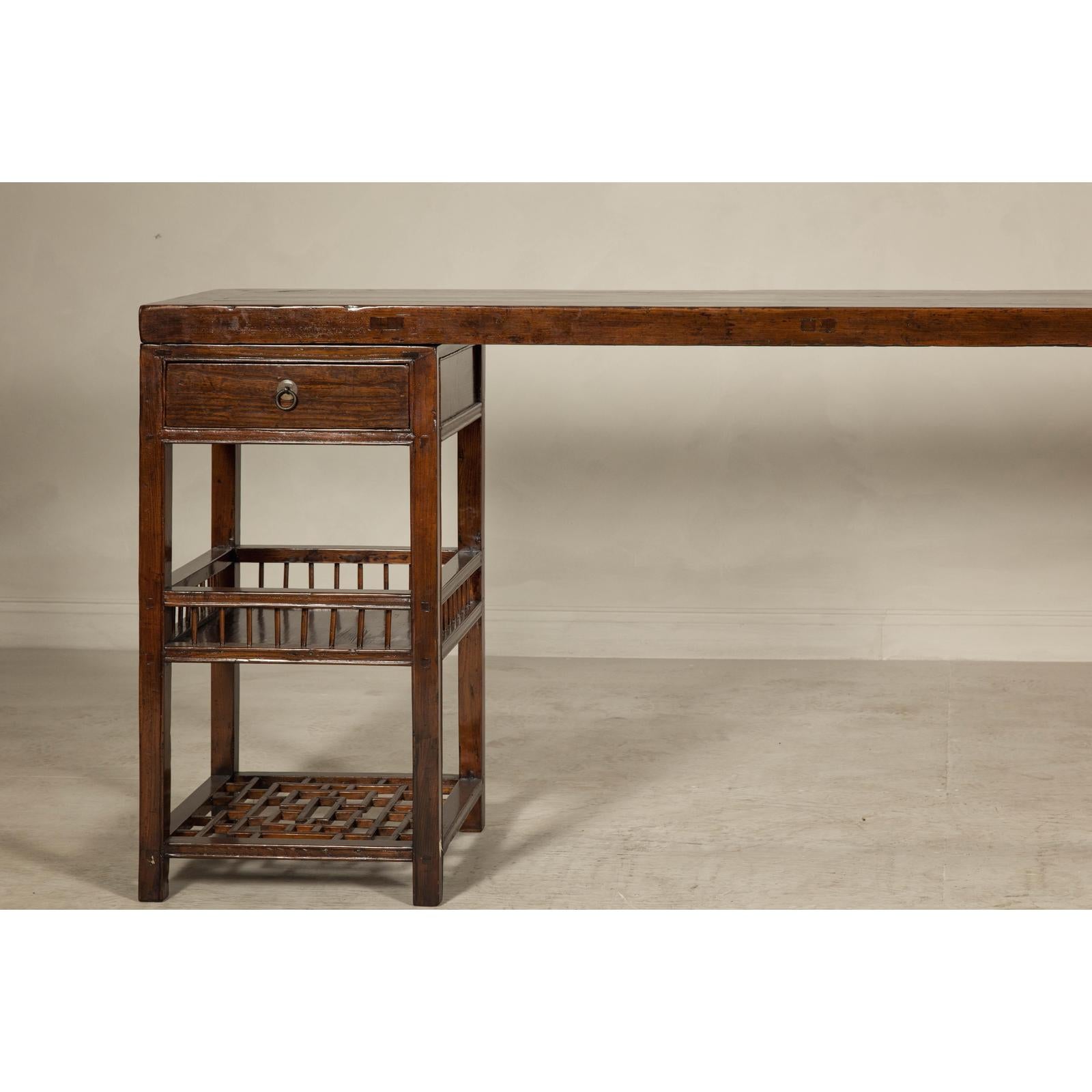 Oversized Console Table with Drawers, Fretwork Shelves and Removable Top