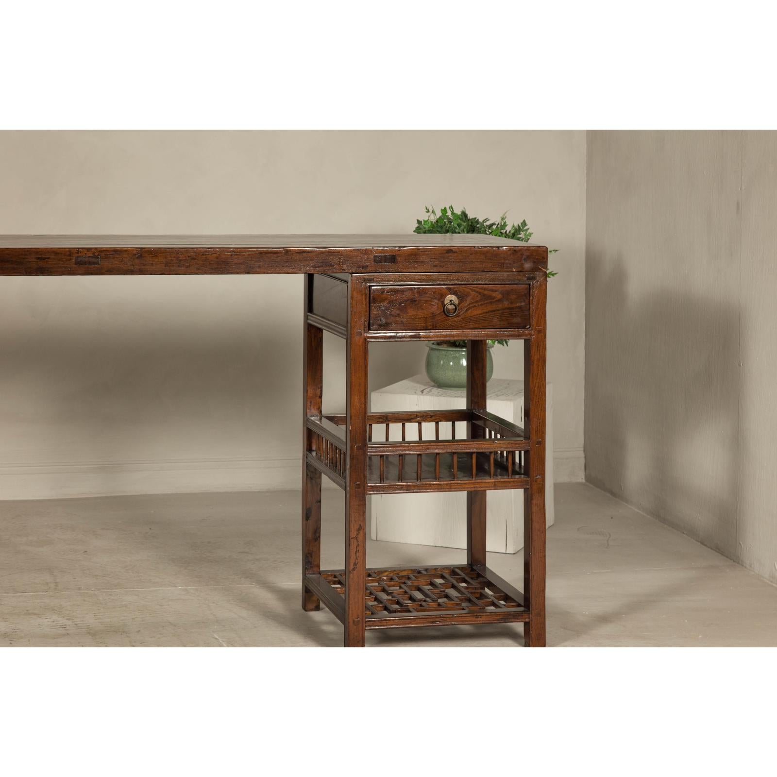 Oversized Console Table with Drawers, Fretwork Shelves and Removable Top
