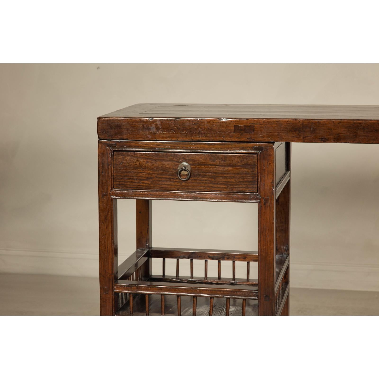 Oversized Console Table with Drawers, Fretwork Shelves and Removable Top