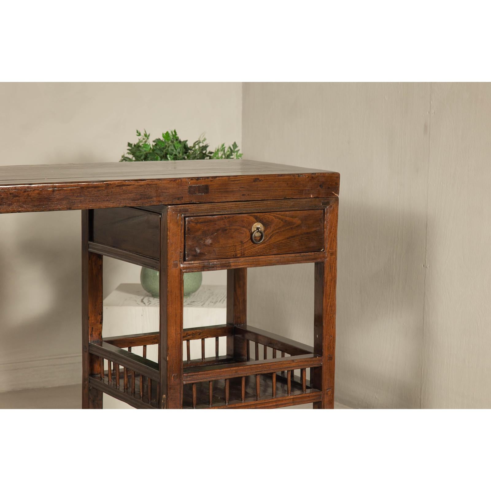Oversized Console Table with Drawers, Fretwork Shelves and Removable Top