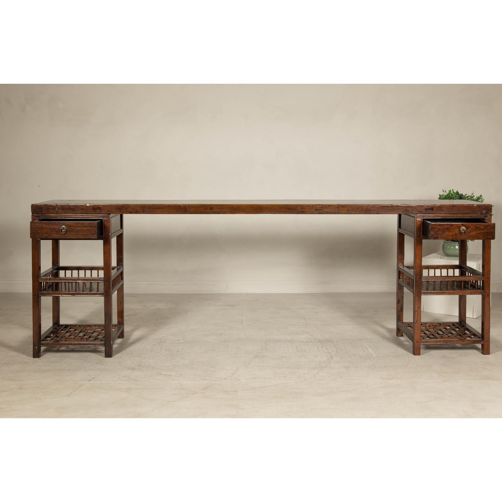 Oversized Console Table with Drawers, Fretwork Shelves and Removable Top