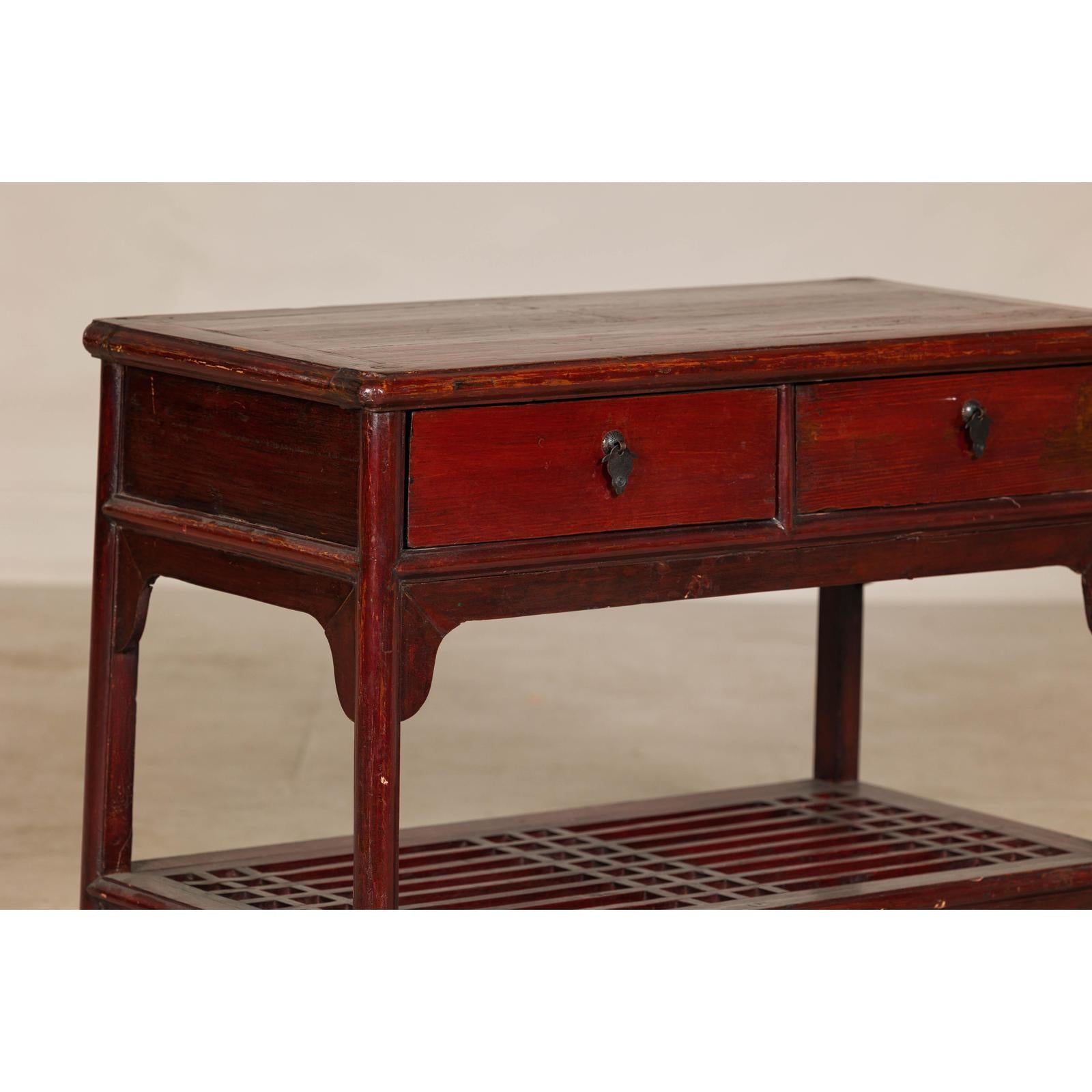 Vintage Red Lacquered Console Table with Drawers and Fretwork Shelf