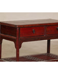 Vintage Red Lacquered Console Table with Drawers and Fretwork Shelf