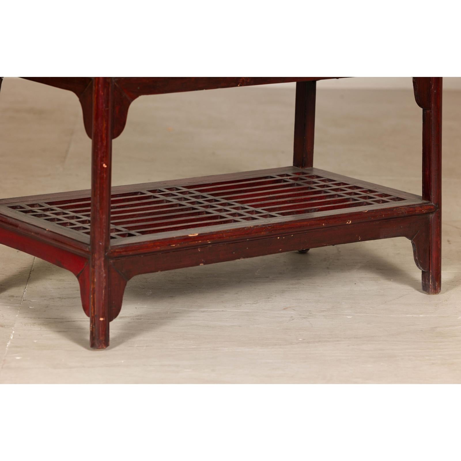 Vintage Red Lacquered Console Table with Drawers and Fretwork Shelf