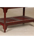 Vintage Red Lacquered Console Table with Drawers and Fretwork Shelf