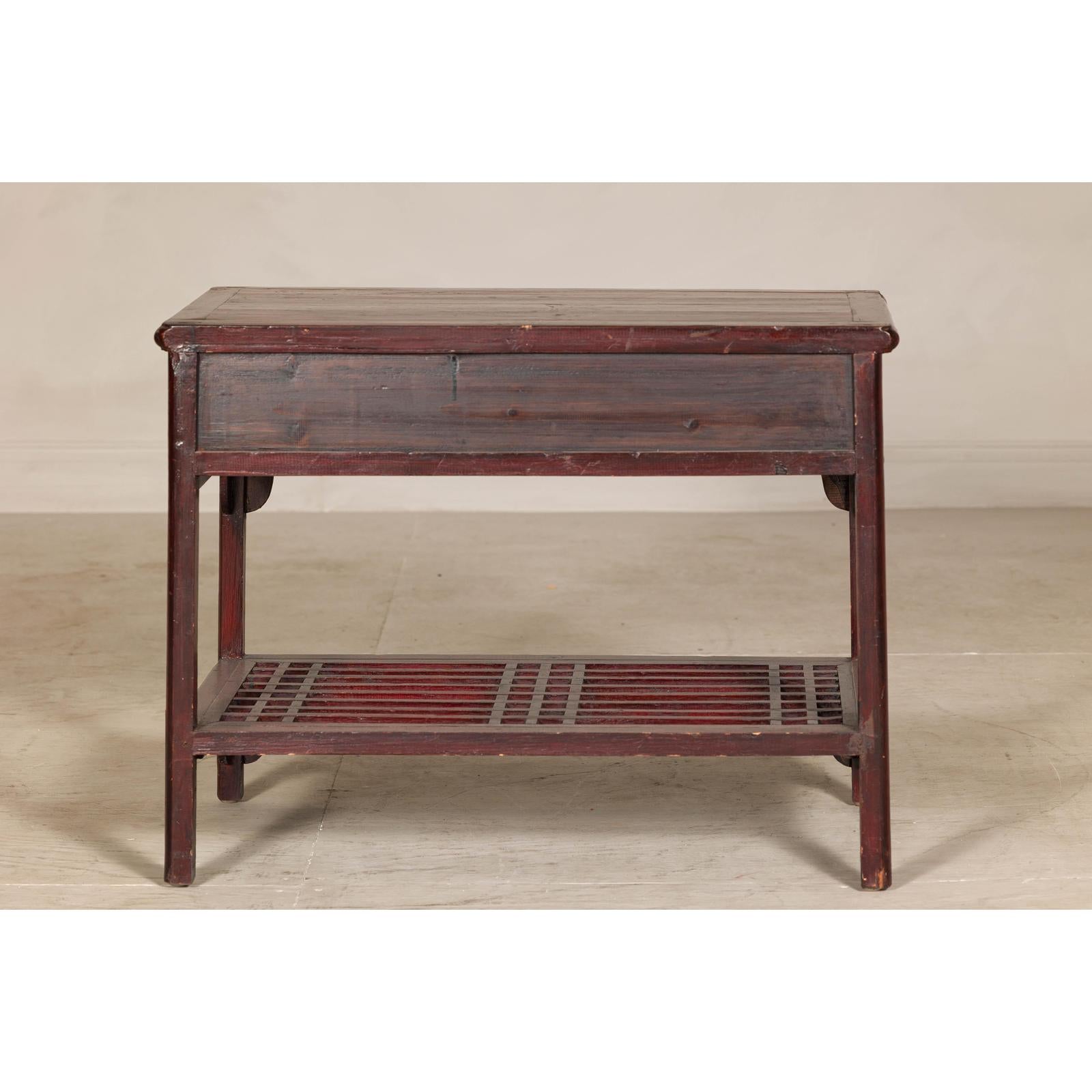 Vintage Red Lacquered Console Table with Drawers and Fretwork Shelf