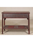Vintage Red Lacquered Console Table with Drawers and Fretwork Shelf