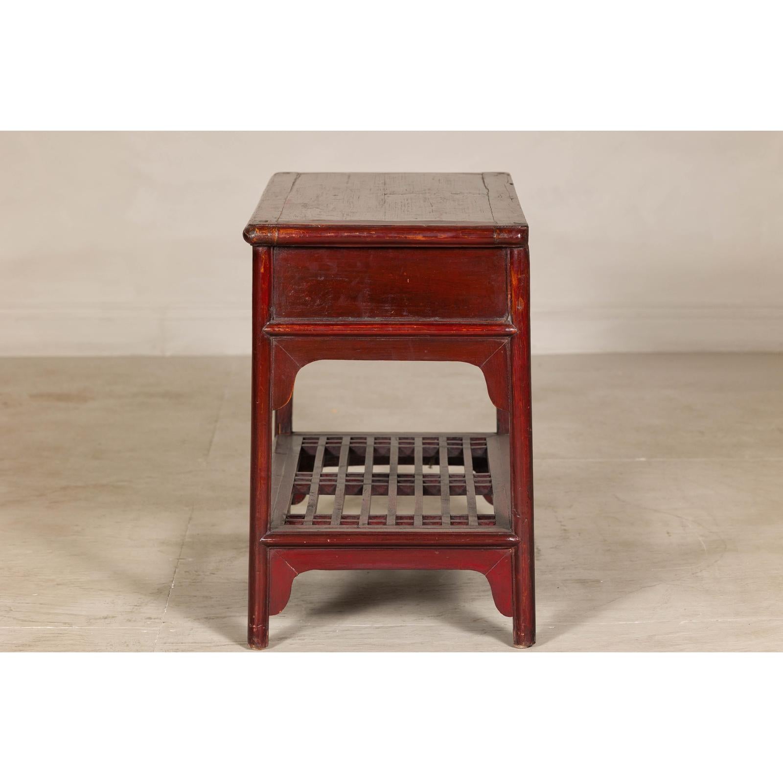 Vintage Red Lacquered Console Table with Drawers and Fretwork Shelf