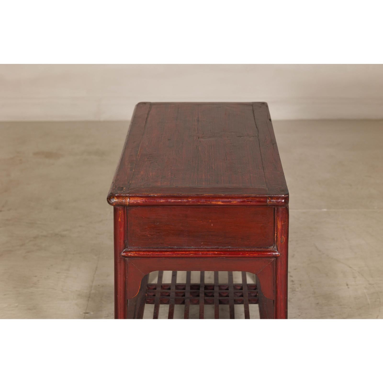 Vintage Red Lacquered Console Table with Drawers and Fretwork Shelf