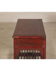 Vintage Red Lacquered Console Table with Drawers and Fretwork Shelf