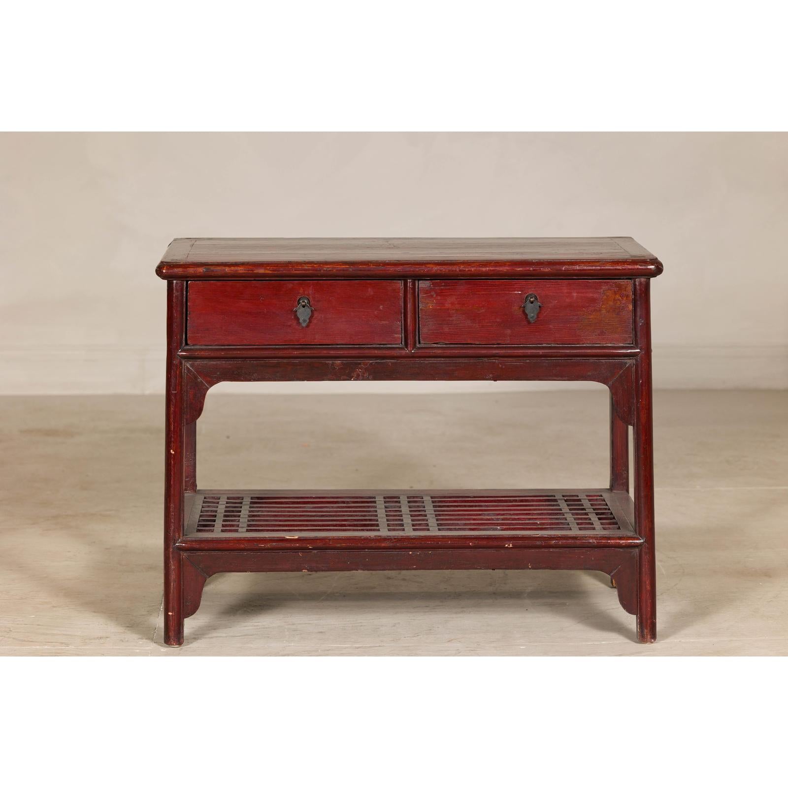 Vintage Red Lacquered Console Table with Drawers and Fretwork Shelf
