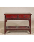 Vintage Red Lacquered Console Table with Drawers and Fretwork Shelf