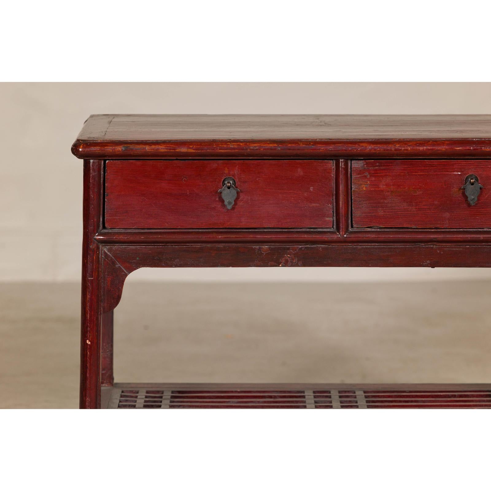 Vintage Red Lacquered Console Table with Drawers and Fretwork Shelf