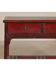 Vintage Red Lacquered Console Table with Drawers and Fretwork Shelf