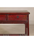 Vintage Red Lacquered Console Table with Drawers and Fretwork Shelf