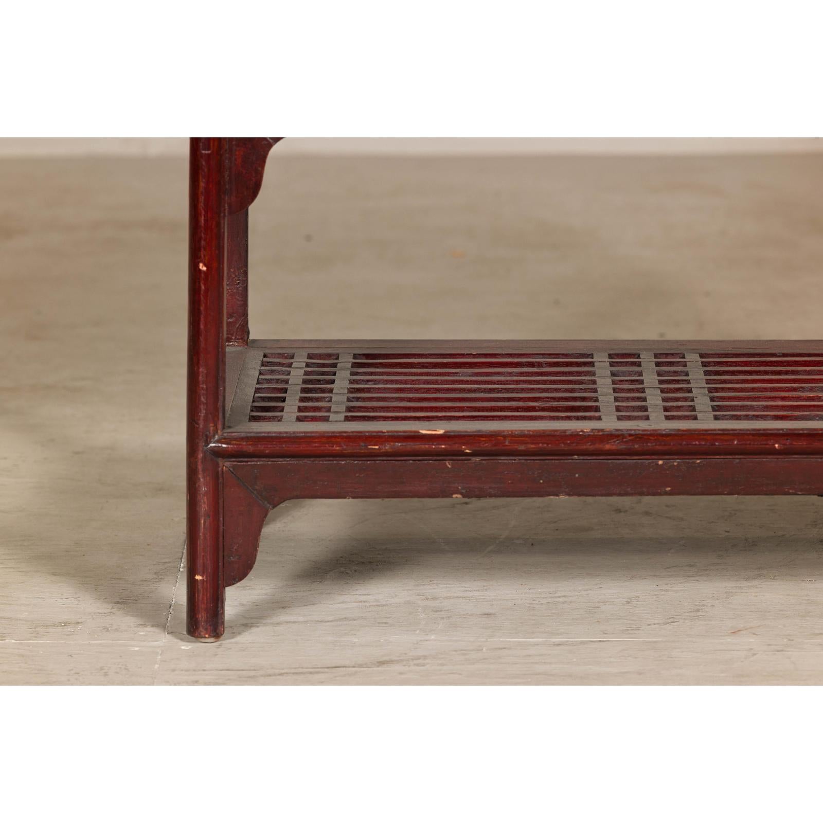 Vintage Red Lacquered Console Table with Drawers and Fretwork Shelf