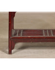 Vintage Red Lacquered Console Table with Drawers and Fretwork Shelf