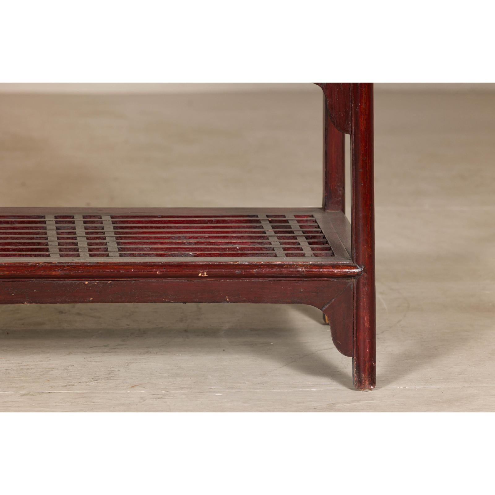 Vintage Red Lacquered Console Table with Drawers and Fretwork Shelf