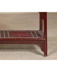 Vintage Red Lacquered Console Table with Drawers and Fretwork Shelf