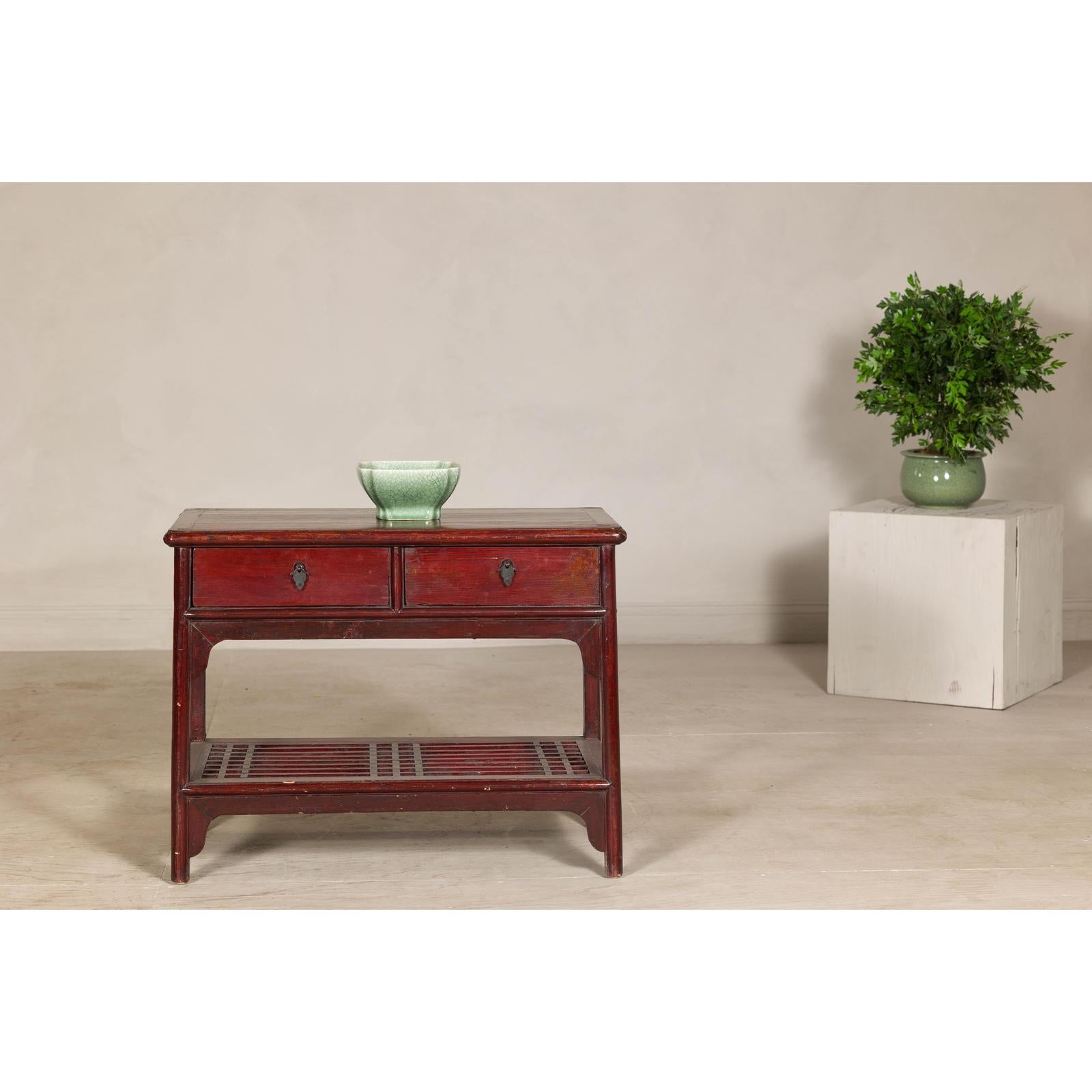 Vintage Red Lacquered Console Table with Drawers and Fretwork Shelf