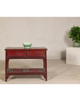 Vintage Red Lacquered Console Table with Drawers and Fretwork Shelf
