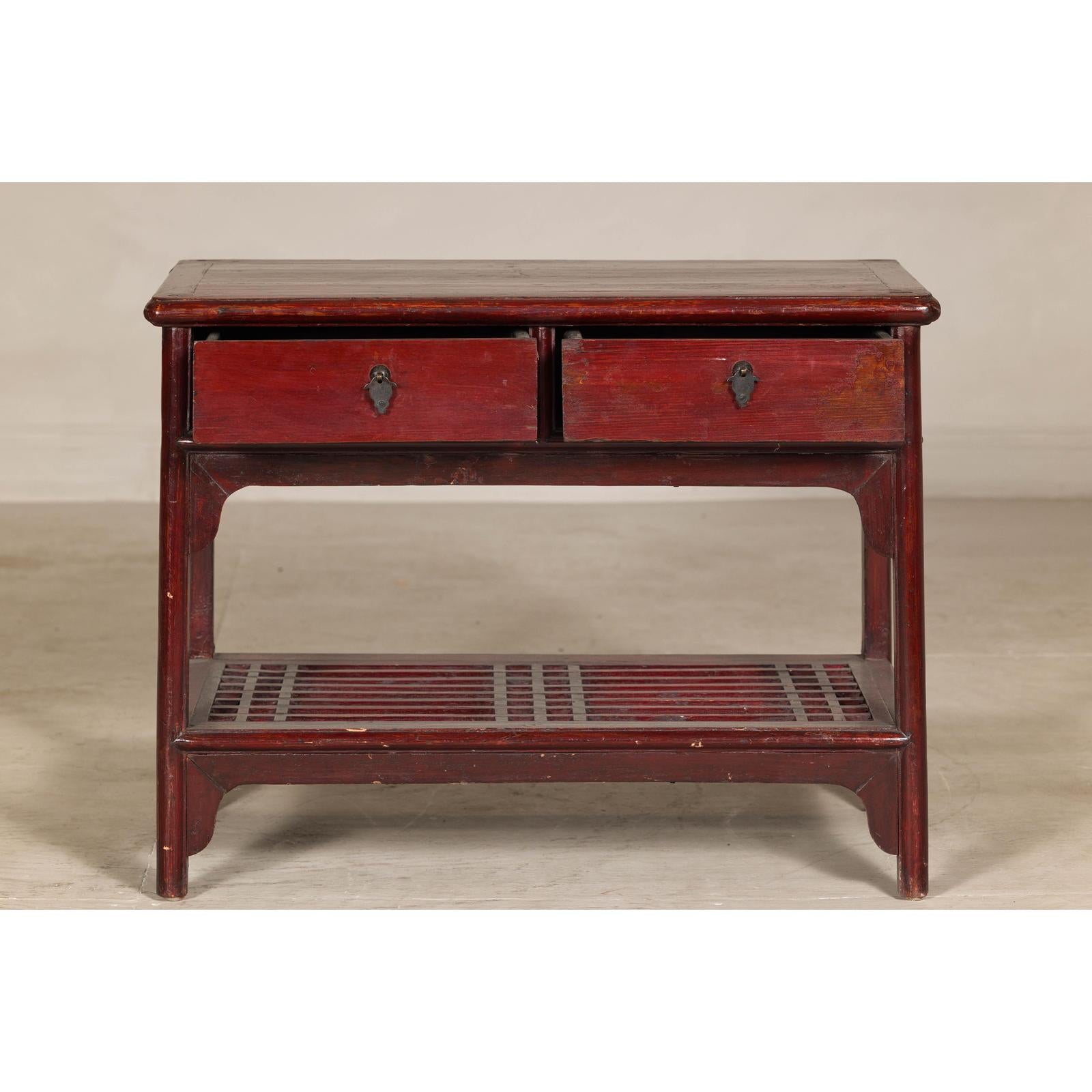 Vintage Red Lacquered Console Table with Drawers and Fretwork Shelf