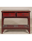 Vintage Red Lacquered Console Table with Drawers and Fretwork Shelf