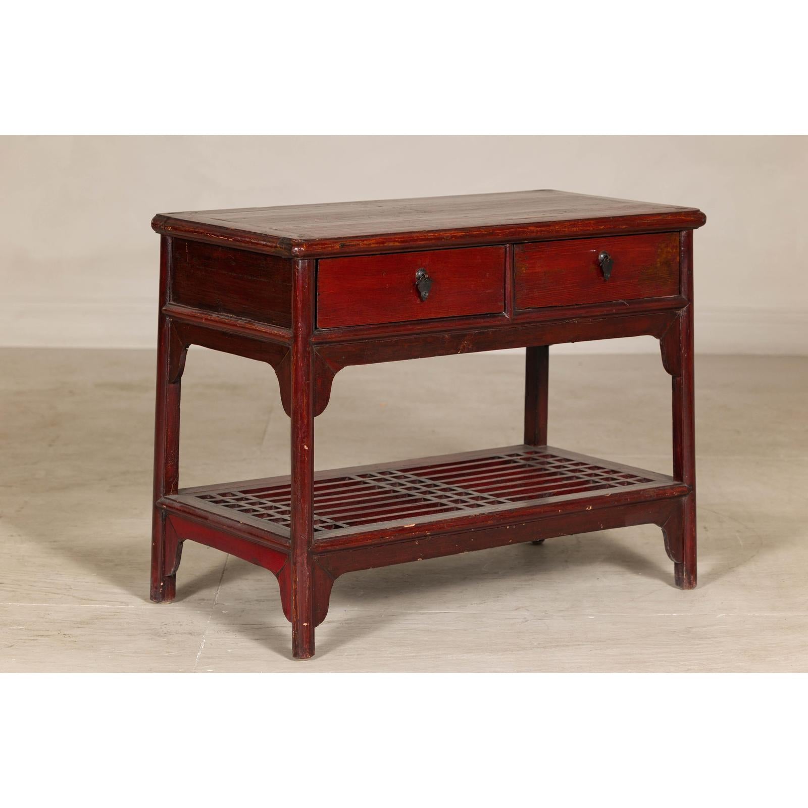 Vintage Red Lacquered Console Table with Drawers and Fretwork Shelf