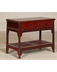 Vintage Red Lacquered Console Table with Drawers and Fretwork Shelf