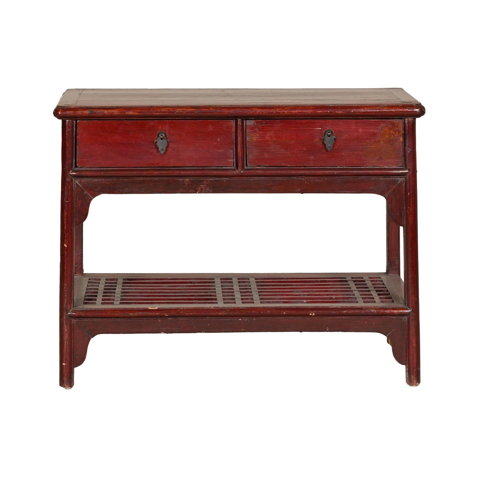 Vintage Red Lacquered Console Table with Drawers and Fretwork Shelf
