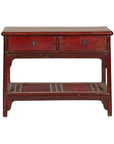 Vintage Red Lacquered Console Table with Drawers and Fretwork Shelf