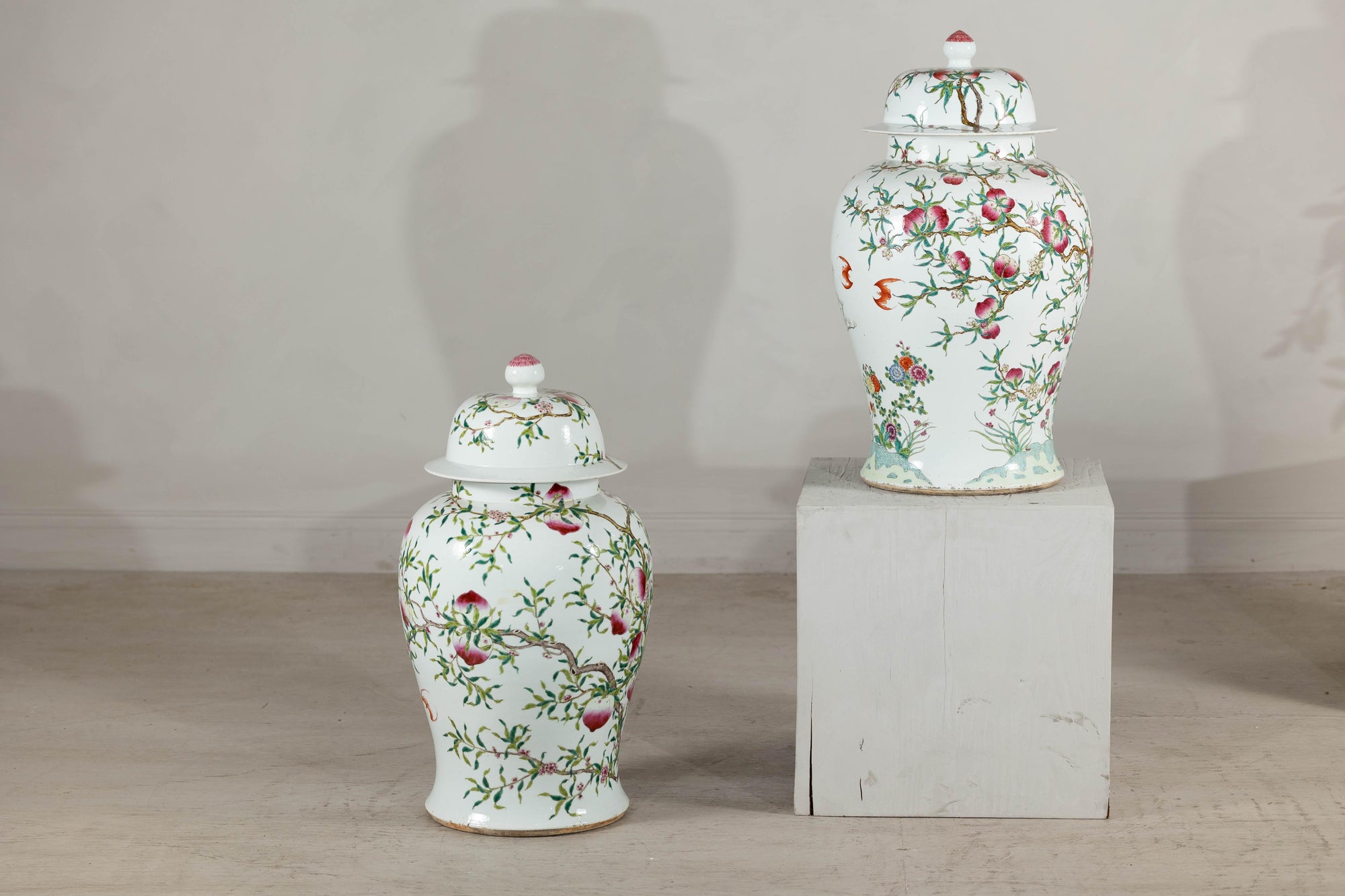 Near Pair of Famille Rose Ginger Jars with Peaches, Roses and Bats