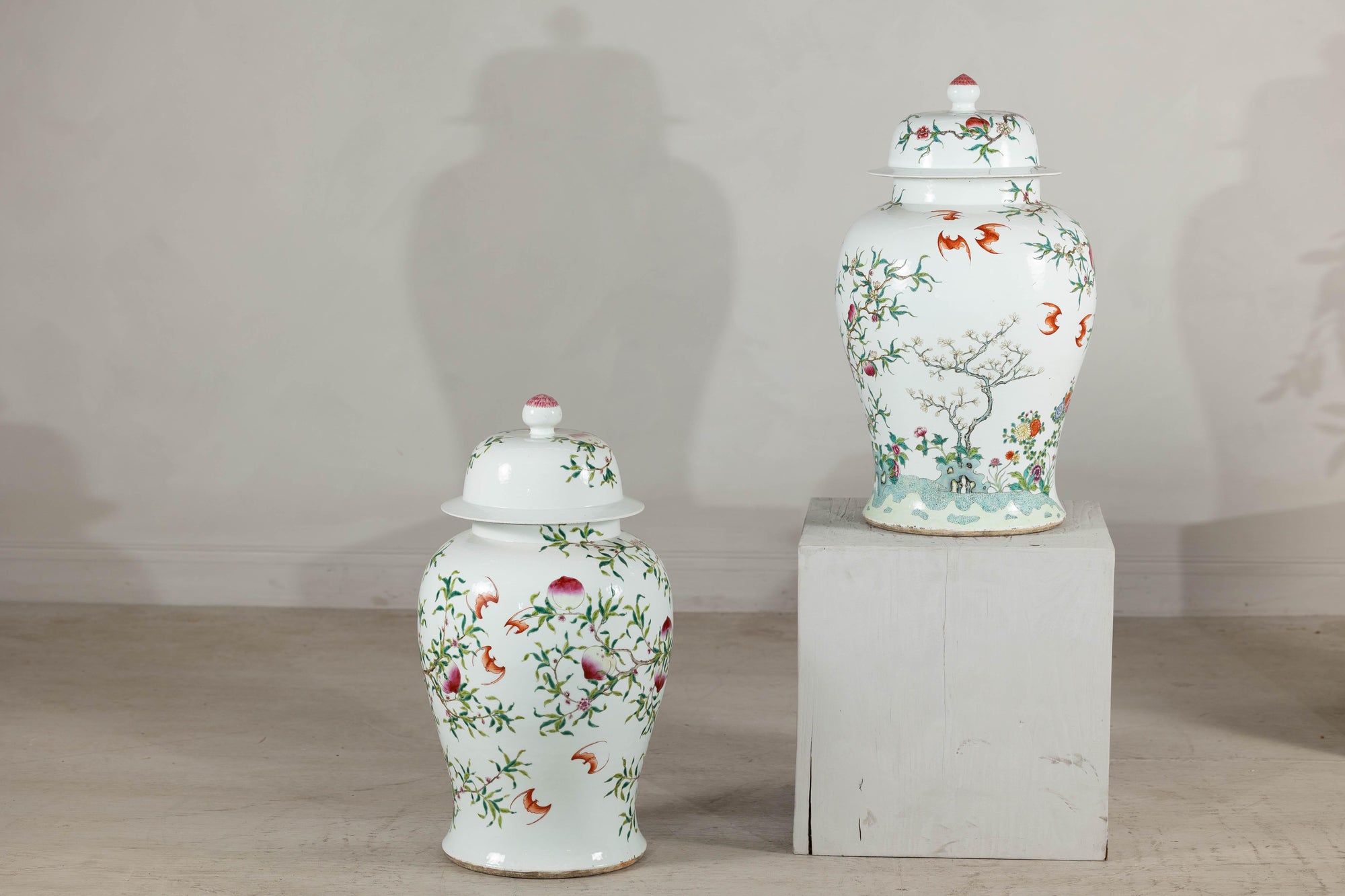 Near Pair of Famille Rose Ginger Jars with Peaches, Roses and Bats